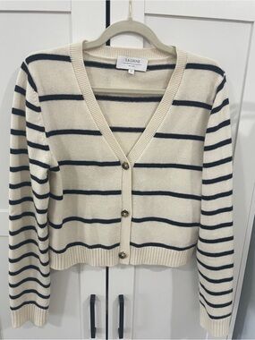 LA LIGNE Cream and Navy Striped V-Neck Cardigan 100% Cashmere